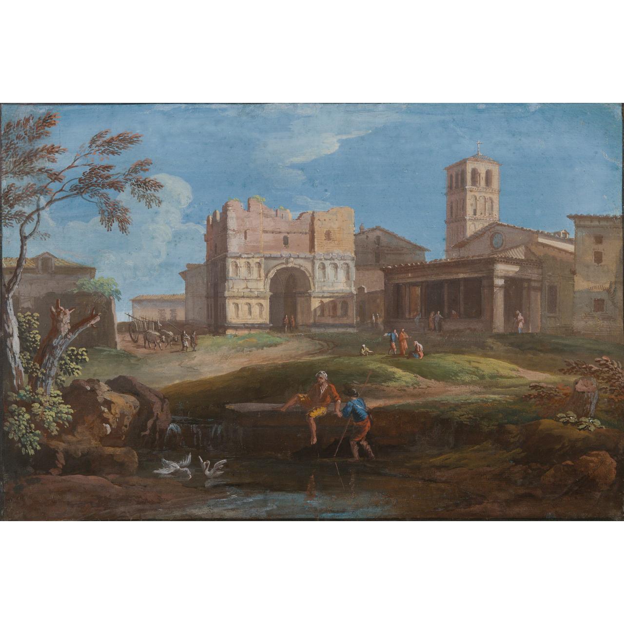 Dipinto: Arco di Giano Quadrifronte e la chiesa di San Giorgio al Velabro